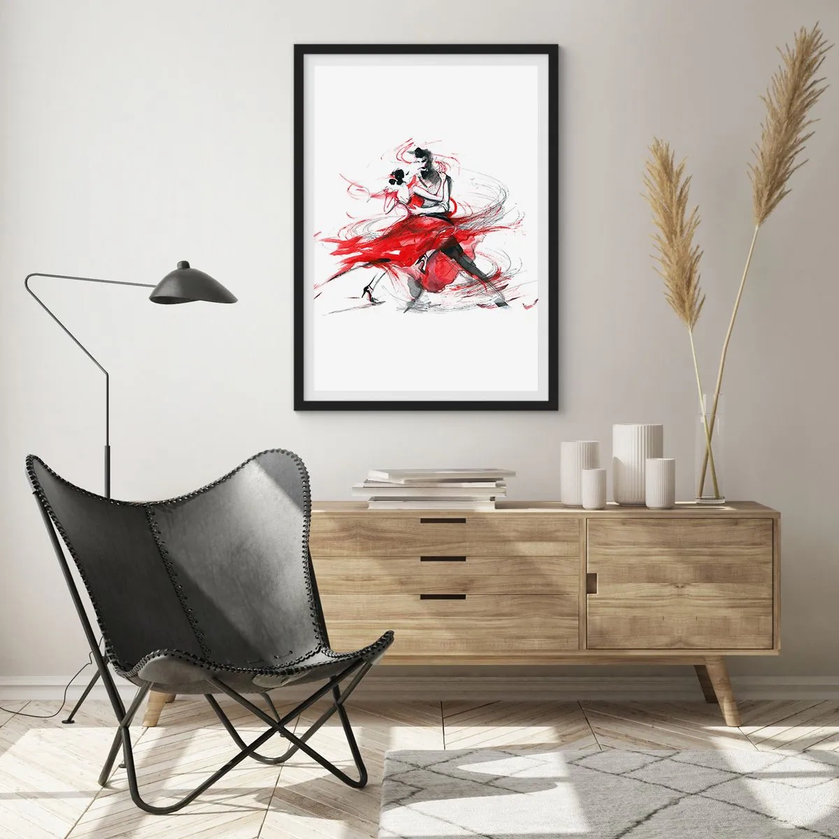 Plakat w czarnej ramie - Para tańcząca tango w dynamicznym, czerwonym akcentach - 50x70cm - Tango - rytm namiętności - Nowoczesna dekoracja ścienna do salonu i sypialni ARTTOR