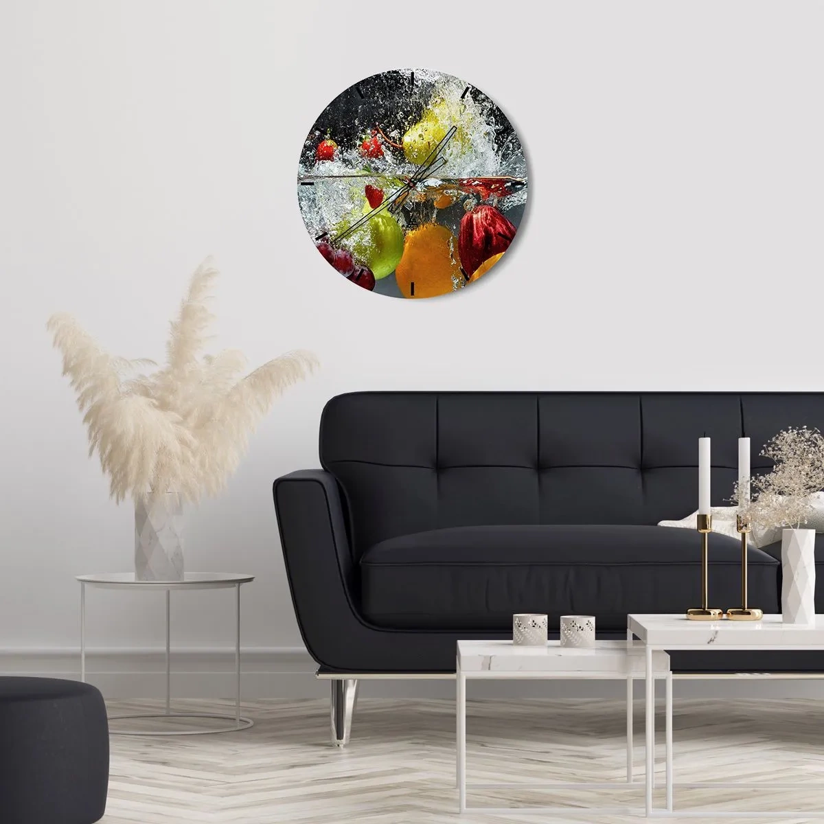 Zegar ścienny - Owoce zanurzone w wodzie z efektem rozbryzgu - 30x30cm - Owocowe orzeźwienie - Nowoczesna dekoracja ścienna do salonu, kuchni i sypialni ARTTOR