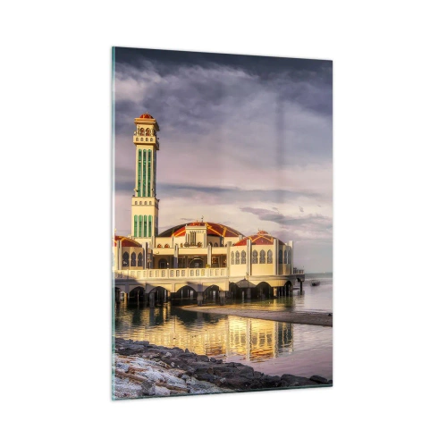 Obraz na szkle - Meczet na wodzie w malowniczym świetle - 50x70cm - Swiątynia natury - Nowoczesna dekoracja ścienna do salonu, kuchni i sypialni ARTTOR