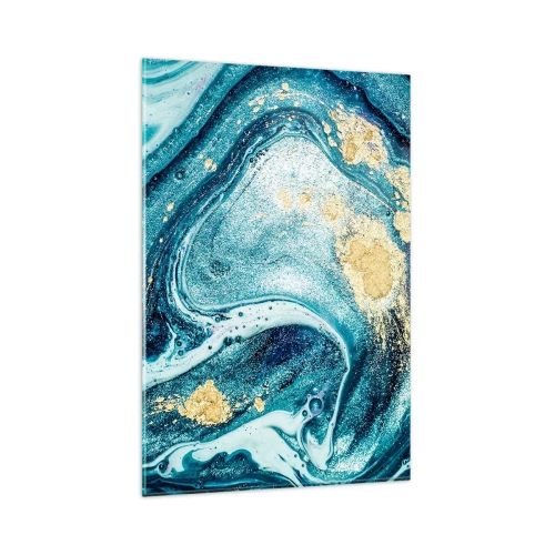 Obraz na szkle - Abstrakcyjna kompozycja fal i złotych akcentów - 80x120cm - Błekitny wir - Nowoczesna dekoracja ścienna do salonu i sypialni ARTTOR