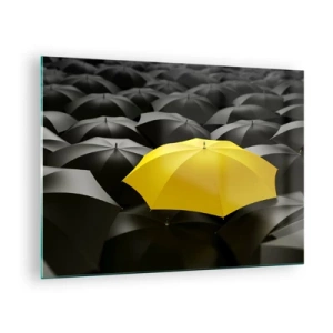 Obraz na szkle - Żółty parasol wyróżniający się wśród czarnych - 70x50cm - Żegnaj smutku - Nowoczesna dekoracja ścienna do salonu i sypialni ARTTOR