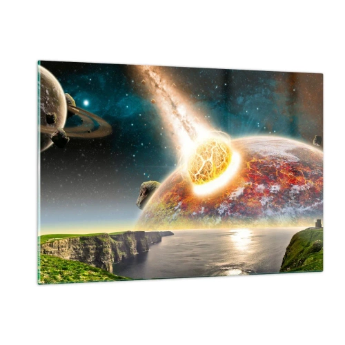Obraz na szkle - Zderzenie meteorytu z planetą w kosmosie - 120x80cm - Kosmiczny dramat - Nowoczesna dekoracja ścienna do salonu, kuchni i sypialni ARTTOR