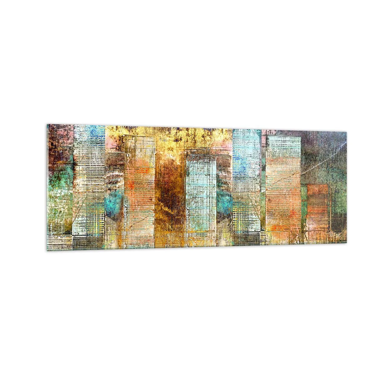 Obraz na szkle - Abstrakcyjne wieżowce w industrialnej stylistyce - 140x50cm - Słoneczna metropolia - Nowoczesna dekoracja ścienna do salonu i sypialni ARTTOR