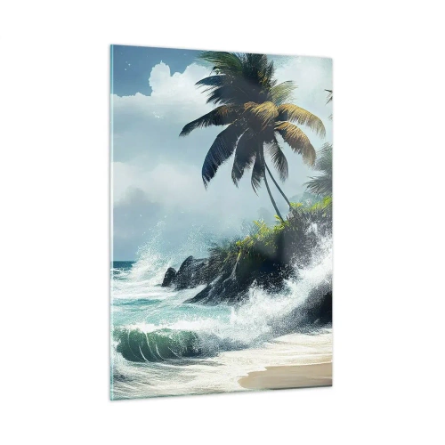 Obraz na szkle - Fale uderzające o skały przy palmach na tropikalnej plaży - 50x70cm - Na tropikalnym brzegu - Nowoczesna dekoracja ścienna do salonu, kuchni i sypialni ARTTOR