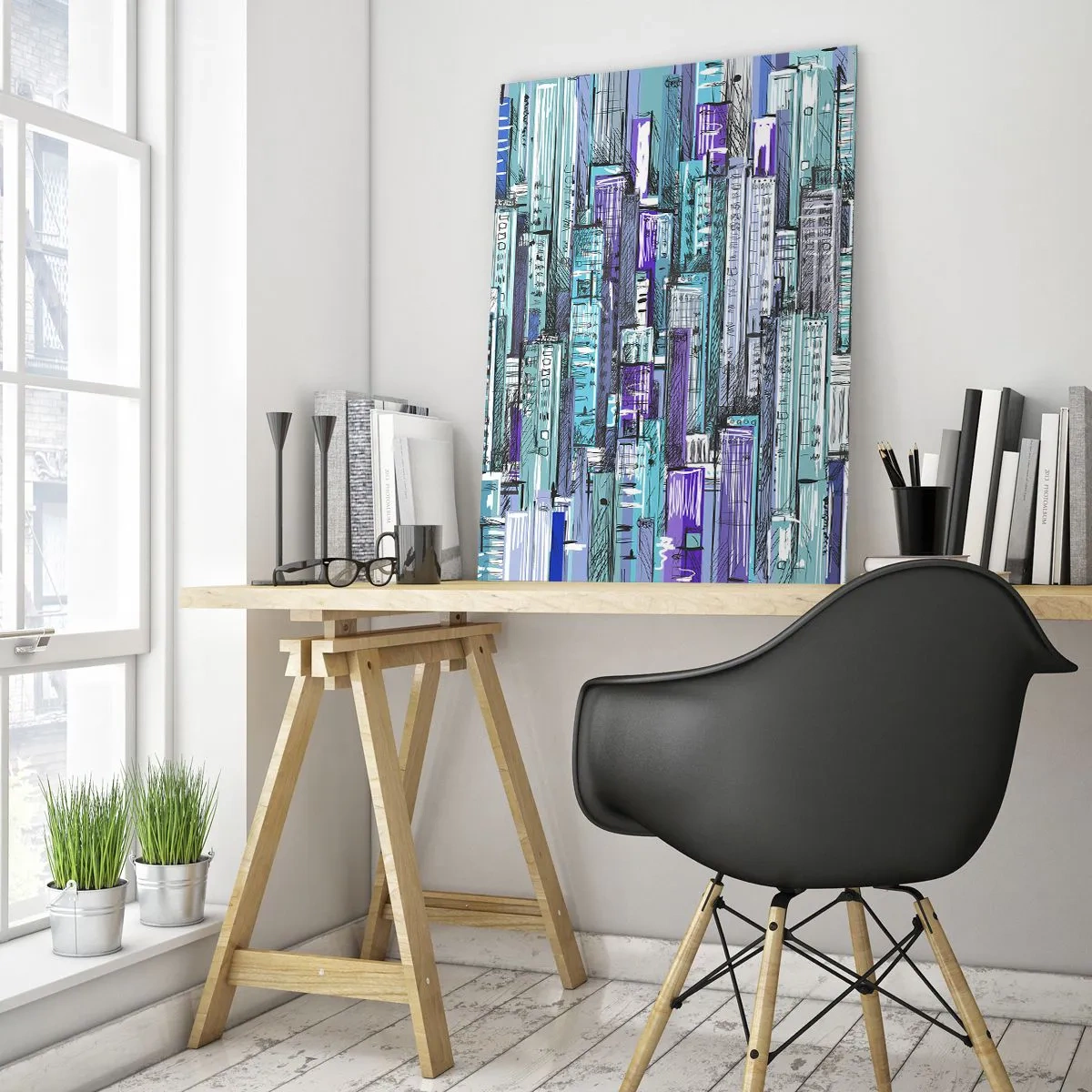 Obraz na szkle - Ilustracja miasta pełnego drapaczy chmur w chłodnych odcieniach - 50x70cm - Pobłękitniałe od nieba - Nowoczesna dekoracja ścienna do salonu, kuchni i sypialni ARTTOR