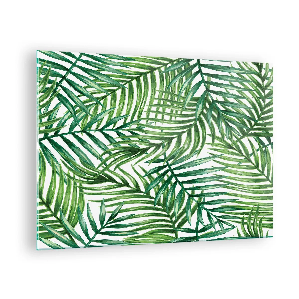 Obraz na szkle - Zielone liście palm na białym tle tworzące geometryczny wzór - 70x50cm - Pod zielonym baldachimem - Nowoczesna dekoracja ścienna do salonu i sypialni ARTTOR
