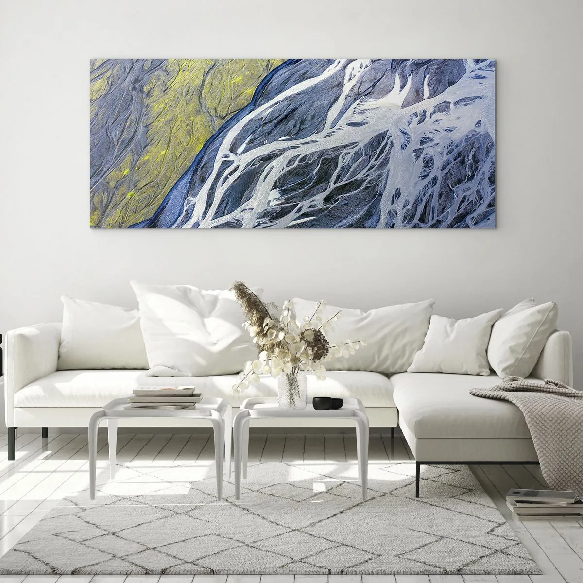 Obraz na szkle - Abstrakcyjny widok na meandrujące koryta rzek z lotu ptaka - 140x50cm - Naskalne malowidła natury - Nowoczesna dekoracja ścienna do salonu i sypialni ARTTOR