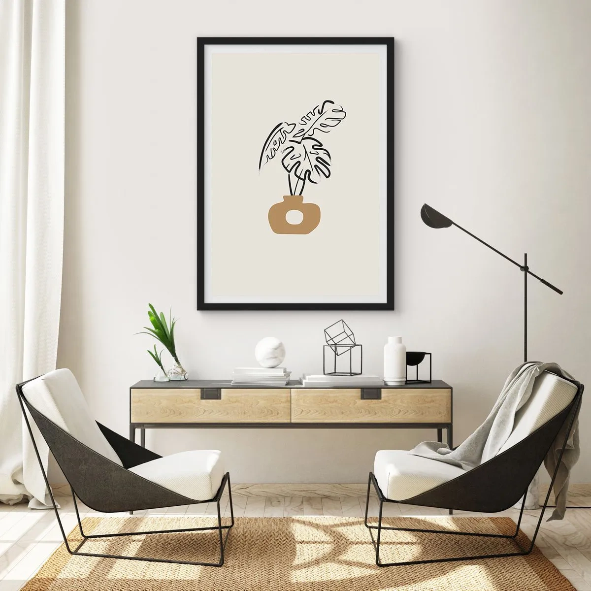 Plakat w czarnej ramie - Minimalistyczny rysunek monstery w wazonie - 50x70cm - Monstera – ozdoba domu - Nowoczesna dekoracja ścienna do salonu i sypialni ARTTOR