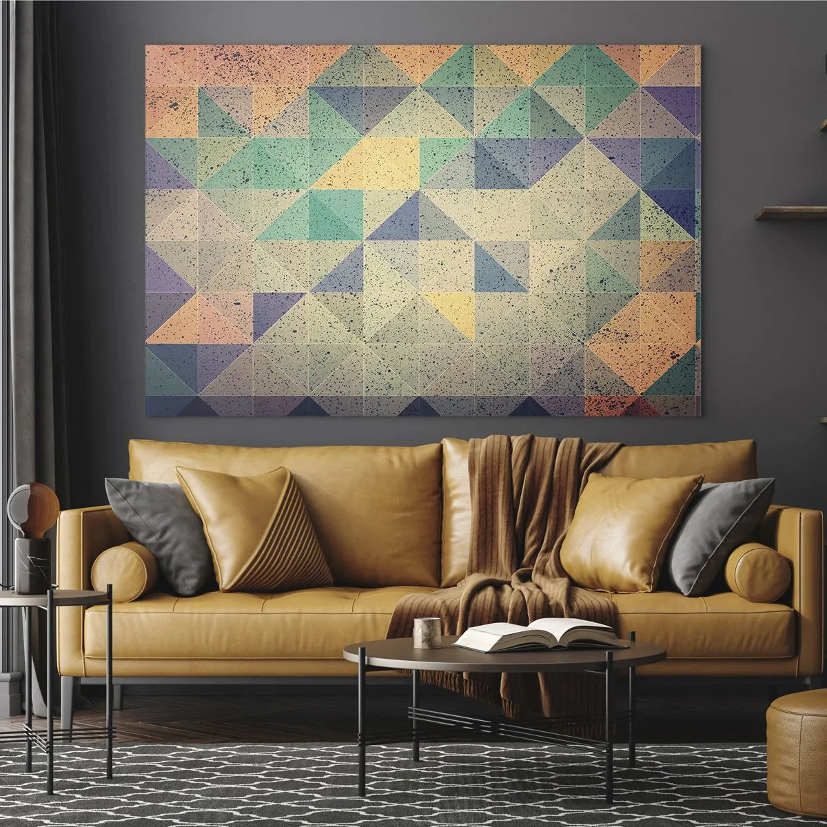 Obraz na szkle - Kolorowa mozaika z geometrycznymi trójkątami w stylu retro - 70x50cm - Republika trójkątów - Nowoczesna dekoracja ścienna do salonu i sypialni ARTTOR
