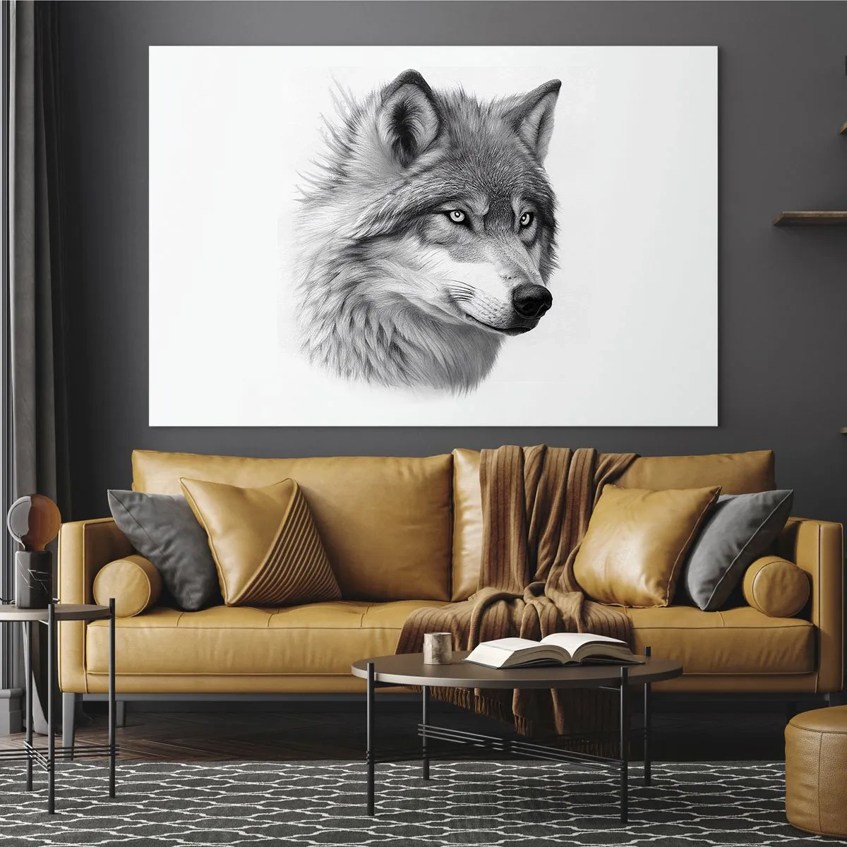 Obraz na szkle - Czarno-biały portret wilka z przenikliwym spojrzeniem - 70x50cm - Alfa – bez wątpienia - Nowoczesna dekoracja ścienna do salonu i sypialni ARTTOR