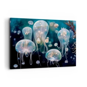 Obraz na płótnie - Delikatne meduzy w podwodnym świecie - 100x70cm - Podwodny bal - Nowoczesna dekoracja ścienna do salonu, kuchni i sypialni ARTTOR