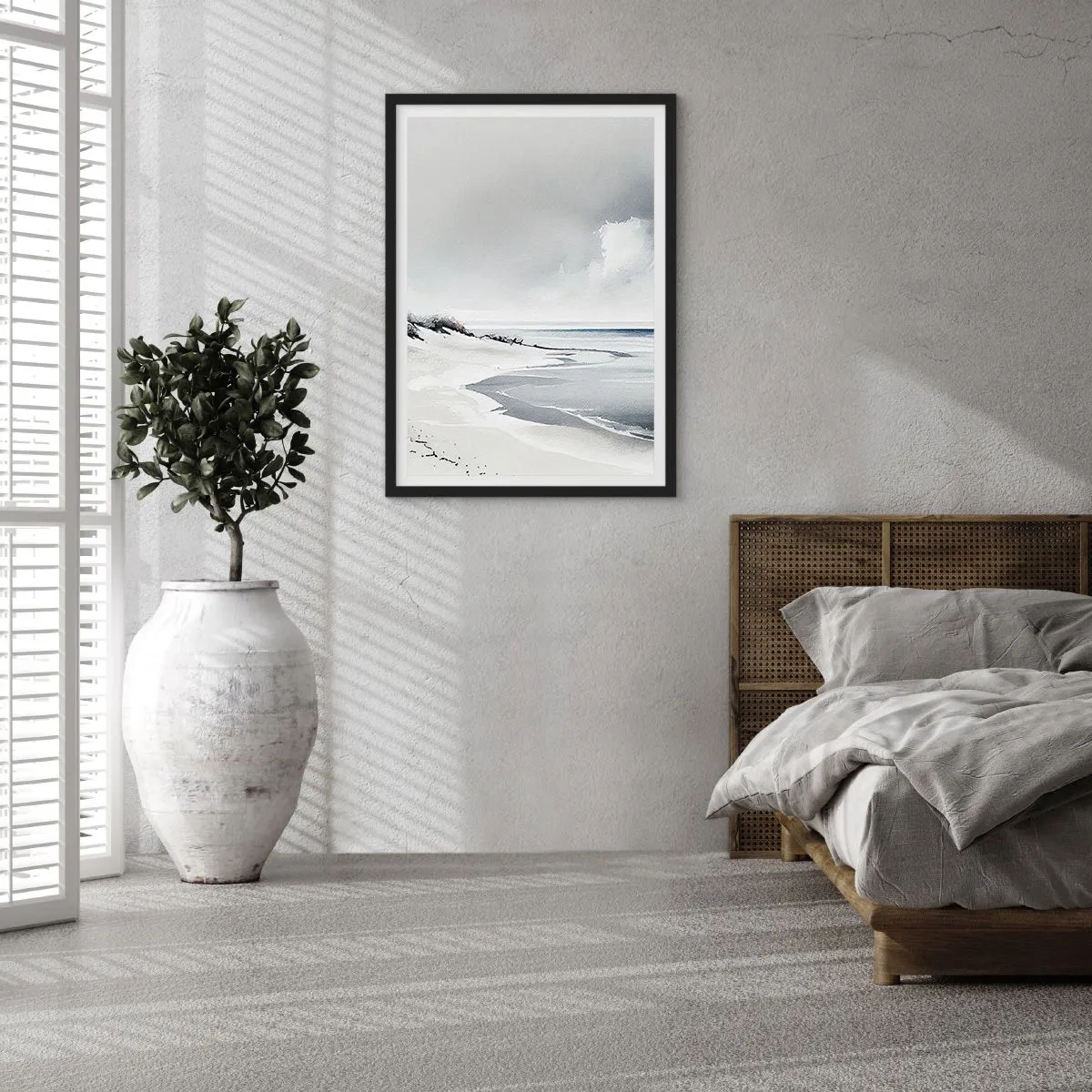 Plakat w czarnej ramie - Minimalistyczna plaża w odcieniach szarości - 50x70cm - Od zawsze razem - Nowoczesna dekoracja ścienna do salonu i sypialni ARTTOR