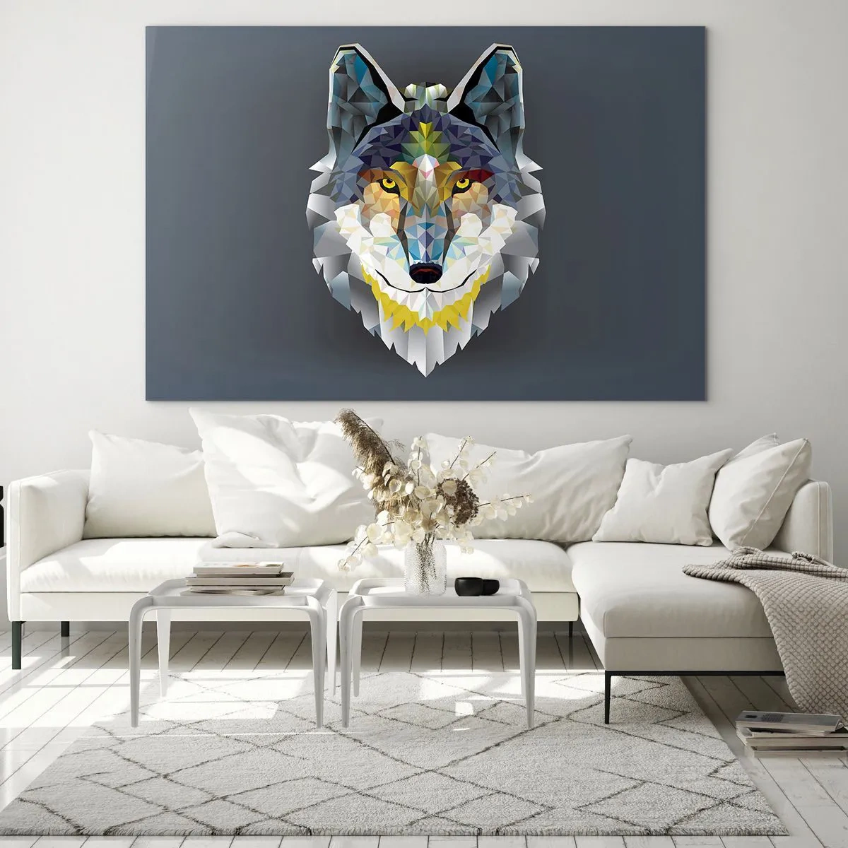 Obraz na szkle - Wilk w geometrycznym stylu na ciemnym tle - 70x50cm - O wilku mowa - Nowoczesna dekoracja ścienna do salonu i sypialni ARTTOR