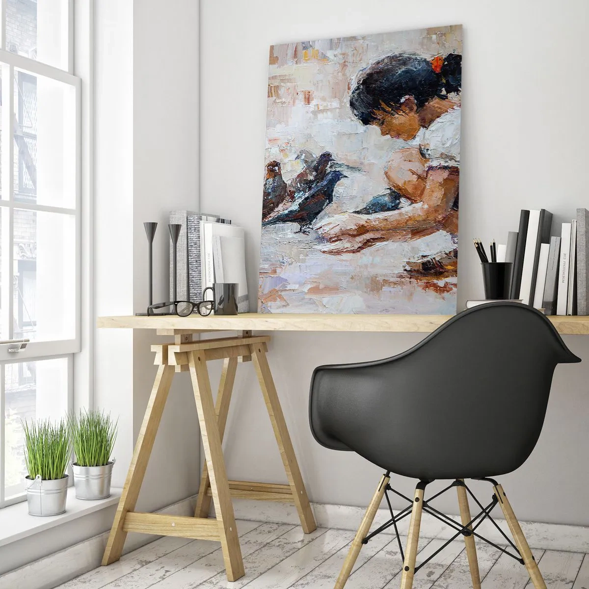 Obraz na szkle - Dziewczynka karmiąca ptaki na tle impresjonistycznym - 50x70cm - Maluczcy i najmilsi - Nowoczesna dekoracja ścienna do salonu, kuchni i sypialni ARTTOR