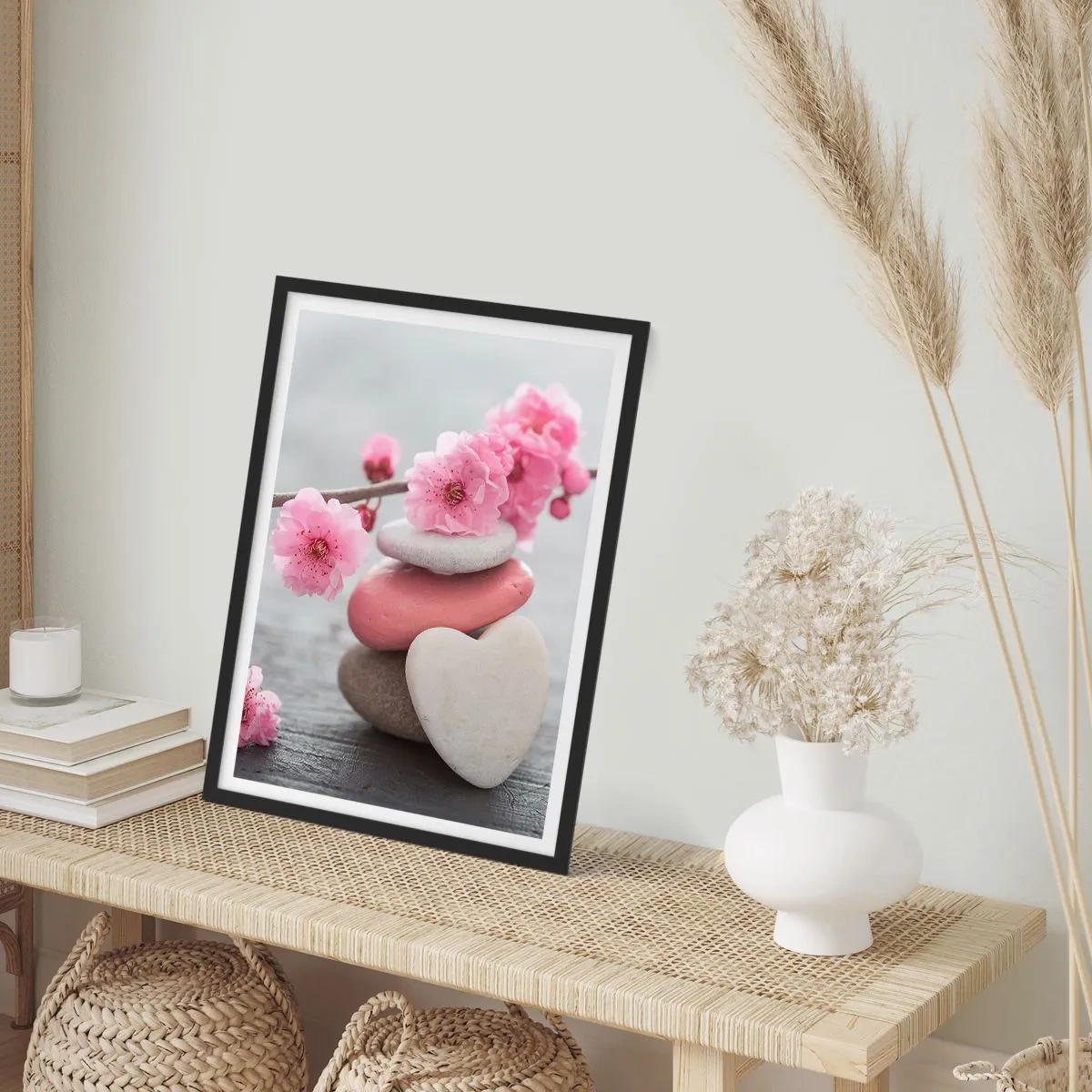 Plakat w czarnej ramie - Błogość z kwiatem wiśni - 30x40 cm