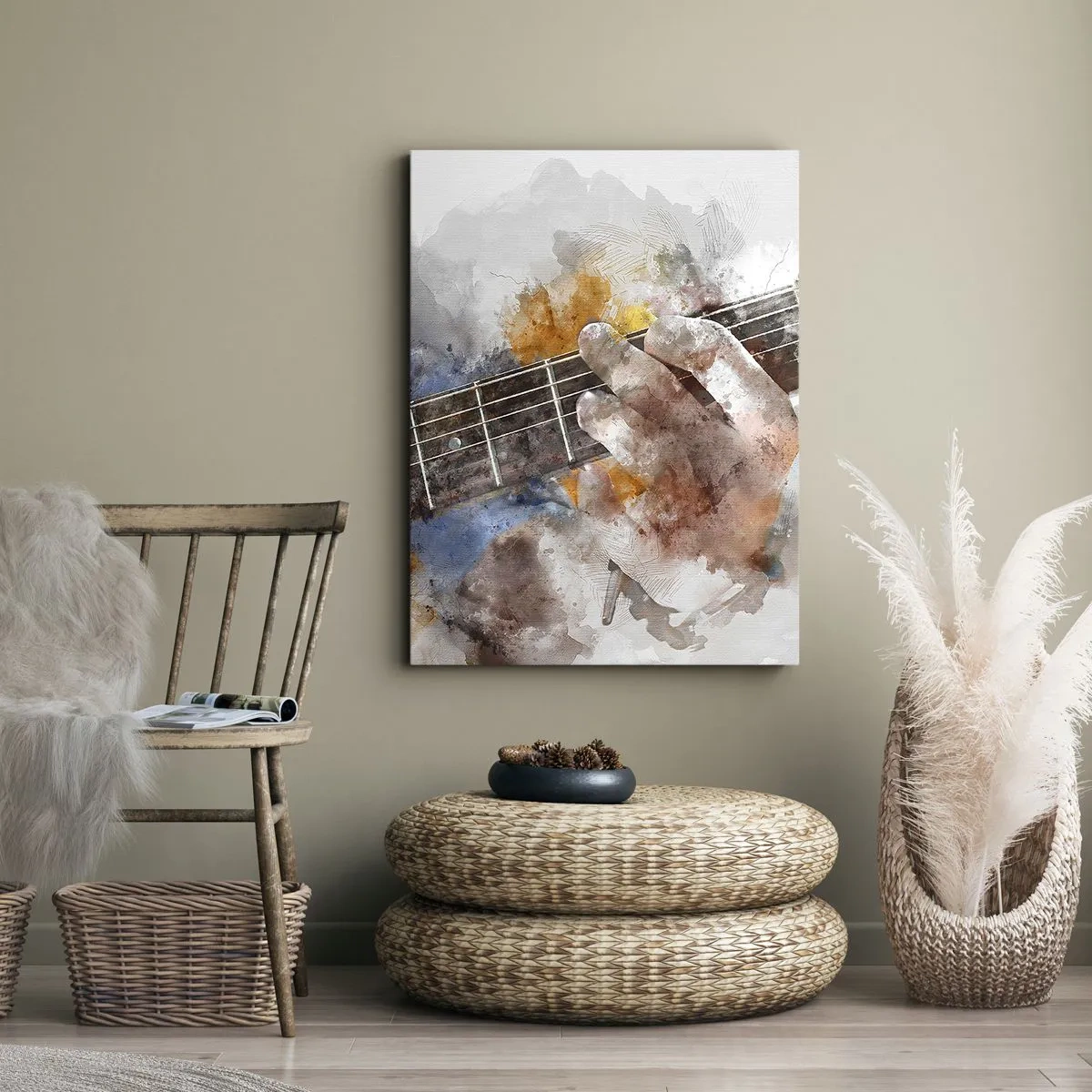 Obraz na płótnie - Artystyczna ilustracja dłoni grającej na gitarze - 50x70cm - Poezja między strunami - Nowoczesna dekoracja ścienna do salonu, kuchni i sypialni ARTTOR