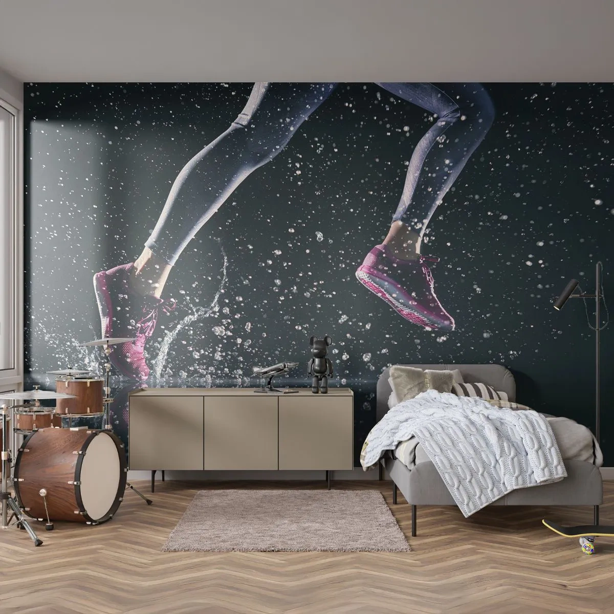 Fototapeta Premium Canvas - Dynamiczne ujęcie biegu w deszczu na czarnym tle - 100x70cm - Ile sił w nogach - Nowoczesna dekoracja ścienna do salonu i sypialni ARTTOR