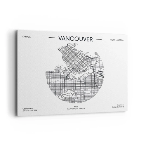 Obraz na płótnie - Mapa Vancouver w minimalistycznym, czarno-białym stylu - 100x70cm - Anatomia Vancouver - Nowoczesna dekoracja ścienna do salonu, kuchni i sypialni ARTTOR