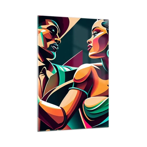 Obraz na szkle - Stylizowana para tańcząca w żywych, geometrycznych barwach - 70x100cm - W rytmie serca - Nowoczesna dekoracja ścienna do salonu i sypialni ARTTOR