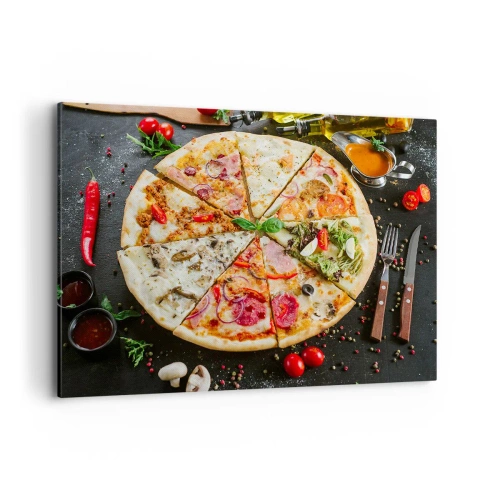 Obraz na płótnie - Pizza w różnych smakach na tle z dodatkami - 100x70cm - Wachlarz smaków - Nowoczesna dekoracja ścienna do salonu, kuchni i sypialni ARTTOR
