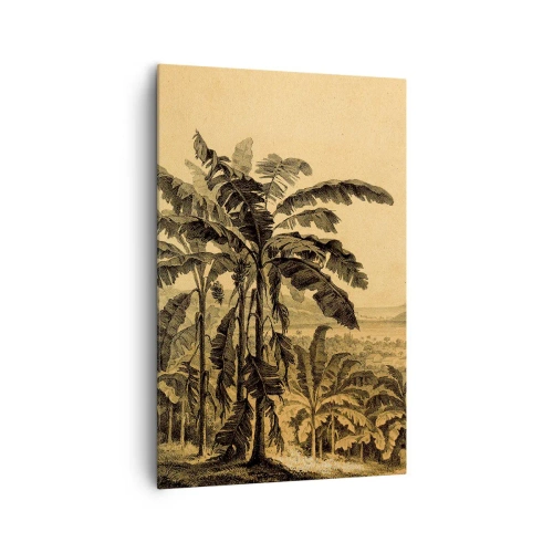 Obraz na płótnie - Rysunek bananowców na tle tropikalnego krajobrazu - 80x120cm - w kolonialnym klimacie - Nowoczesna dekoracja ścienna do salonu i sypialni ARTTOR