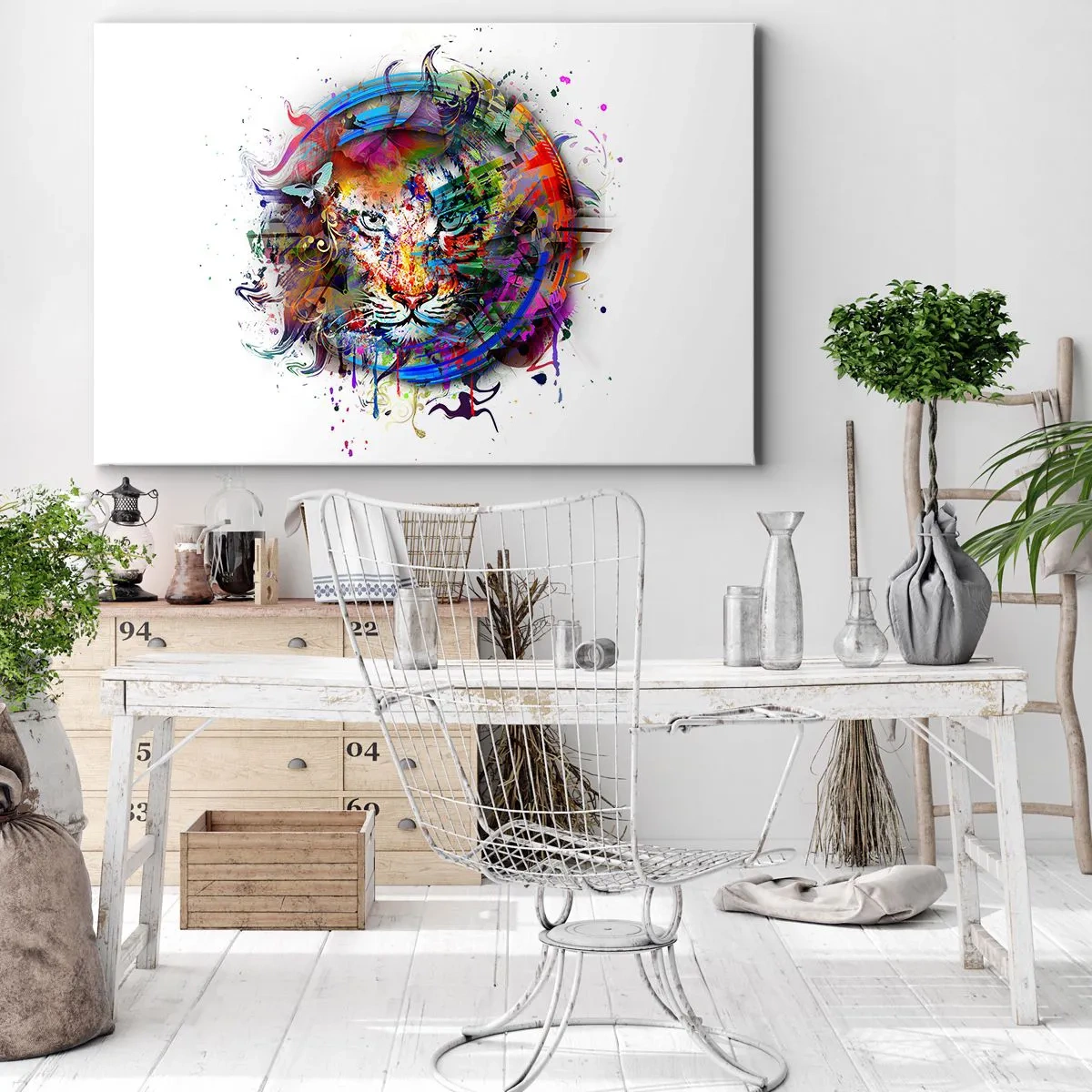 Obraz na płótnie - Kolorowy portret lwa w abstrakcyjnym stylu - 120x80cm - Czai się za tęczową zasłoną - Nowoczesna dekoracja ścienna do salonu, kuchni i sypialni ARTTOR