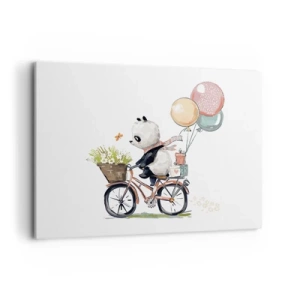 Obraz na płótnie - Panda na rowerze z balonami i kwiatami - 100x70cm - Szczęśliwy dzień - Nowoczesna dekoracja ścienna do salonu, kuchni i sypialni ARTTOR
