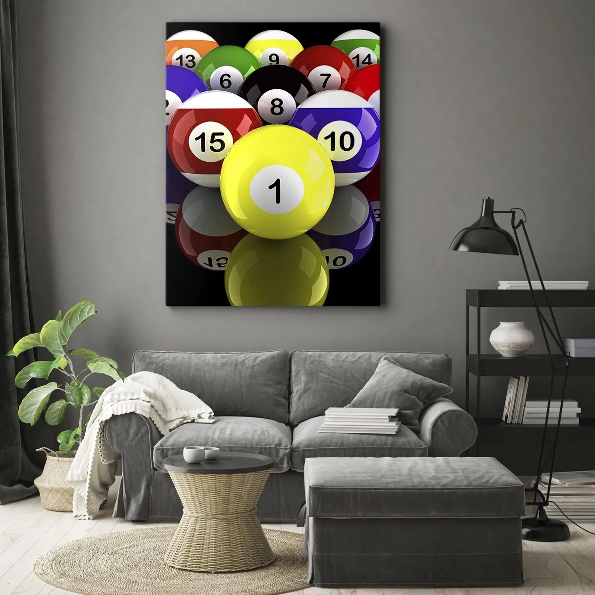 Obraz na płótnie - Kolorowe bile bilardowe ustawione w trójkącie na czarnym tle - 70x100cm - Różne barwy gry - Nowoczesna dekoracja ścienna do salonu i sypialni ARTTOR