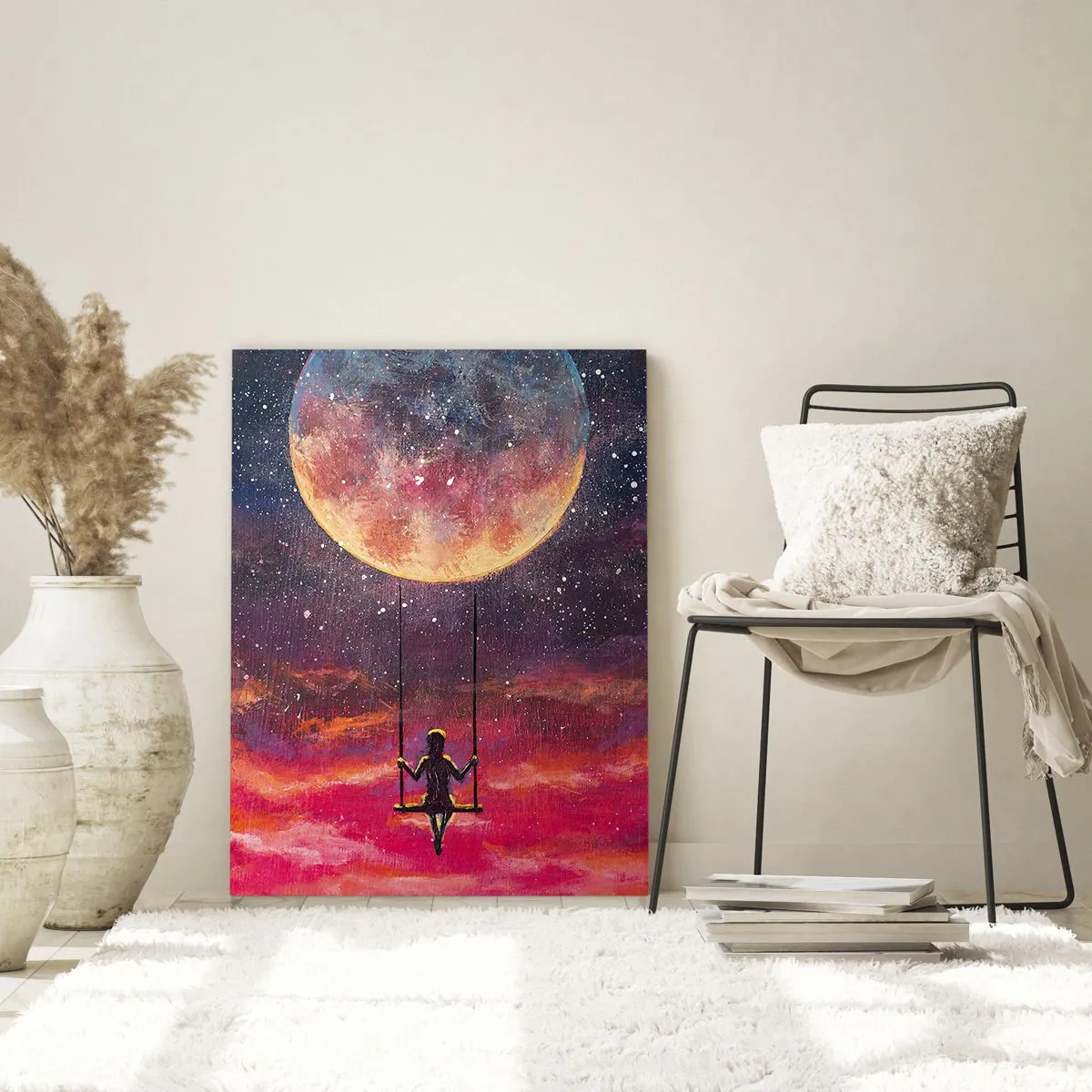 Obraz na szkle - Dziewczynka na huśtawce zawieszonej pod księżycem - 50x70cm - Bujać w obłokach - Nowoczesna dekoracja ścienna do salonu, kuchni i sypialni ARTTOR