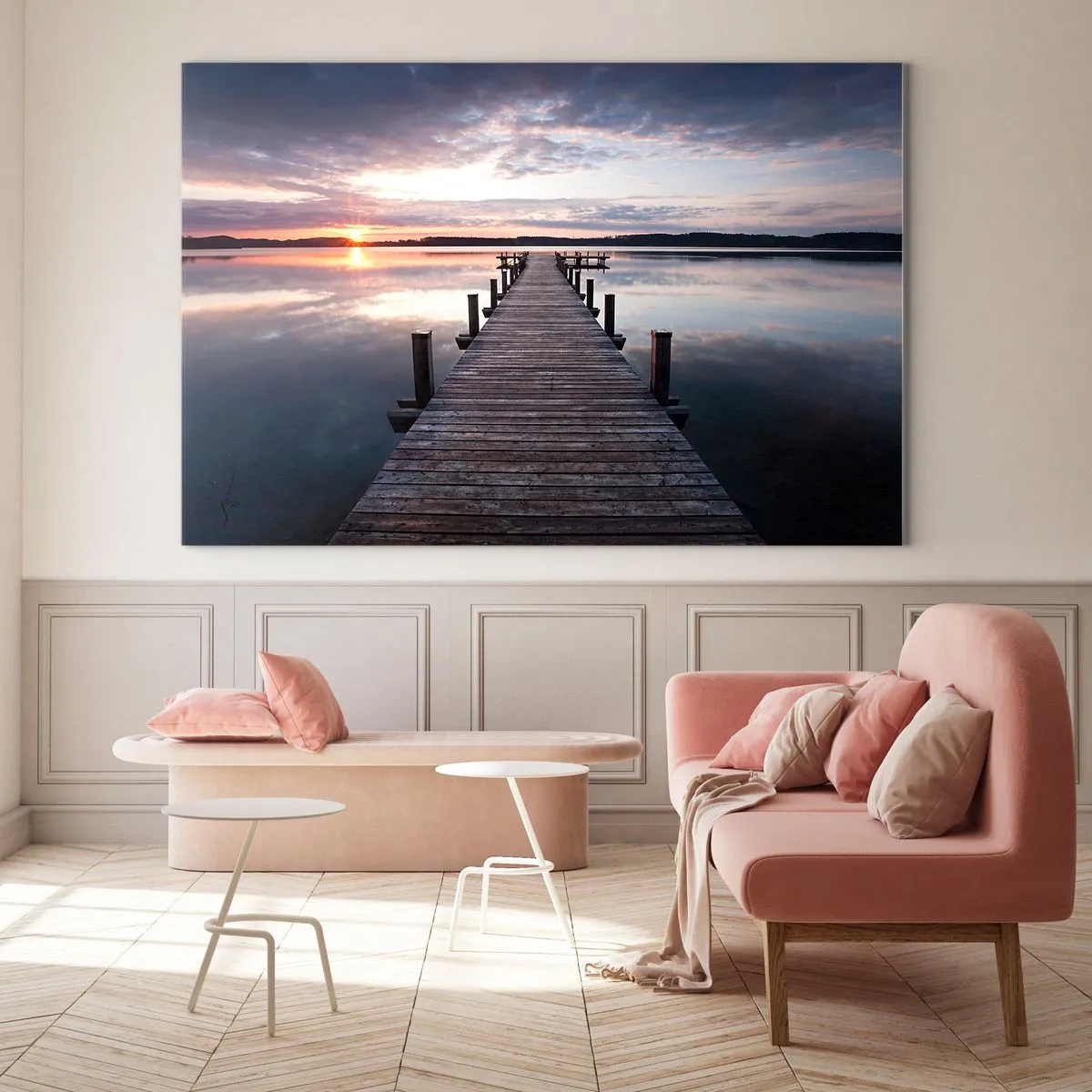 Obraz na szkle - Drewniany pomost na jeziorze o zachodzie słońca - 70x50cm - Cicha granica dnia i nocy - Nowoczesna dekoracja ścienna do salonu i sypialni ARTTOR