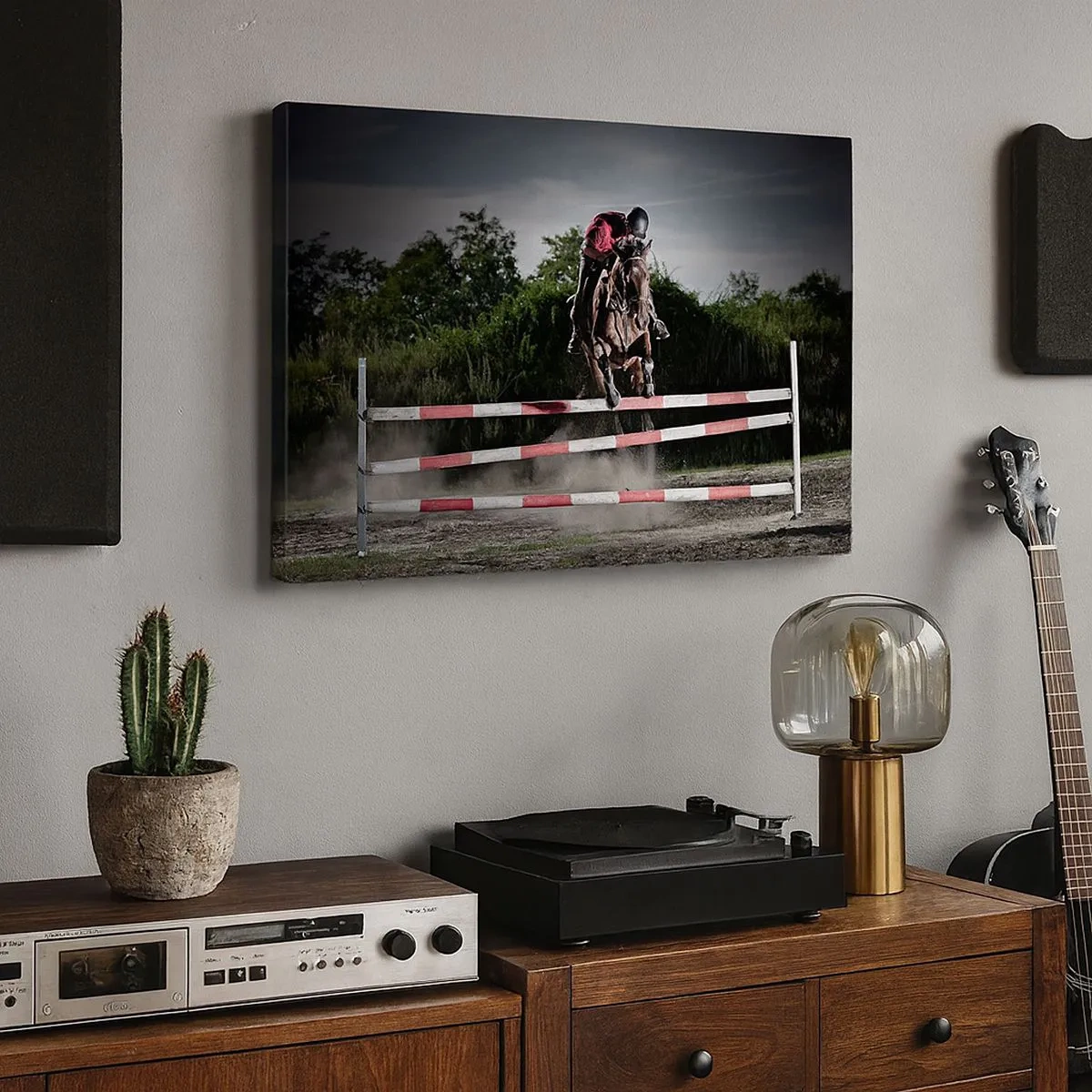 Obraz na płótnie - Jeździec na koniu przeskakujący przez przeszkodę na torze wyścigowym - 70x50cm - Razem po zwycięstwo - Nowoczesna dekoracja ścienna do salonu i sypialni ARTTOR