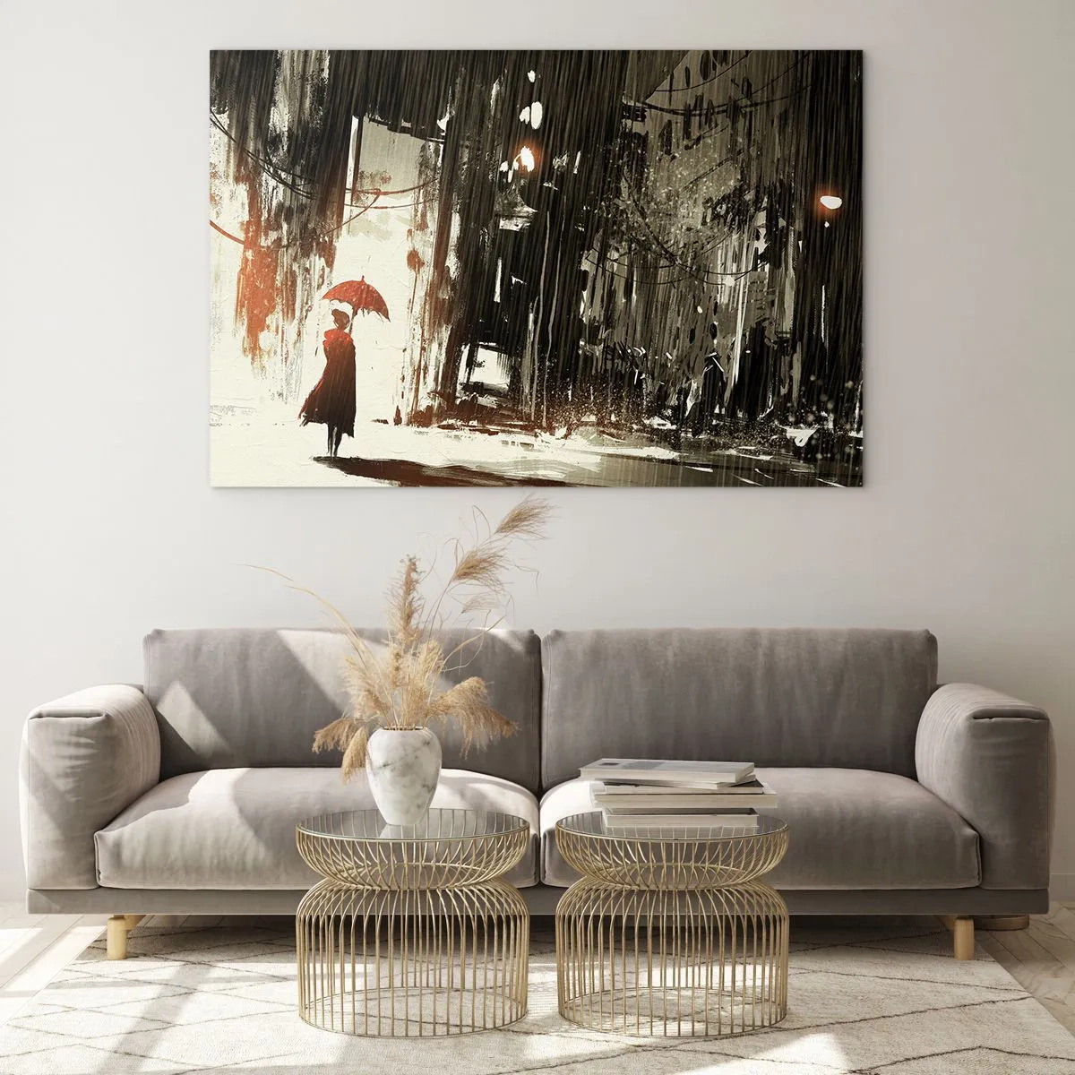 Obraz na szkle - Osoba z czerwonym parasolem w deszczu na tle ciemnego miasta - 70x50cm - Poezja czerwonego parasola - Nowoczesna dekoracja ścienna do salonu i sypialni ARTTOR