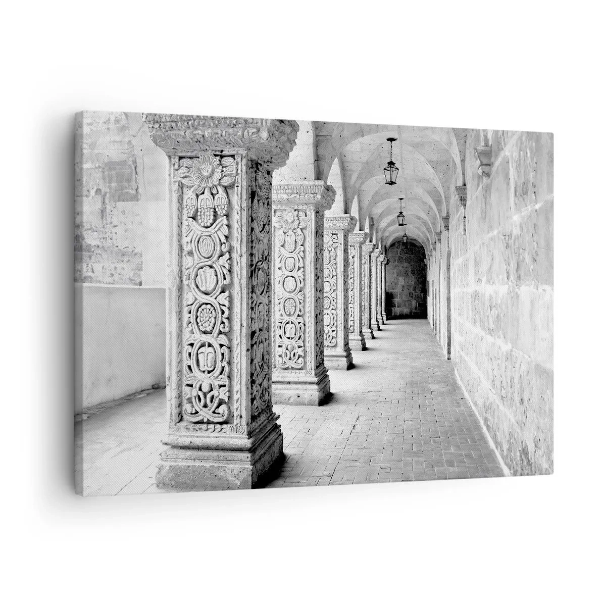 Obraz na płótnie - Zabytkowe kolumny w monochromatycznym ujęciu - 70x50cm - A dokąd to…? - Nowoczesna dekoracja ścienna do salonu i sypialni ARTTOR
