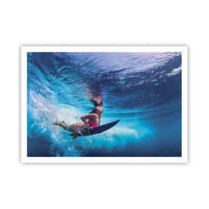 Plakat - Surferka pod wodą w dynamicznej kompozycji w odcieniach błękitu - 100x70cm - Głębia radości - Nowoczesna dekoracja ścienna do salonu i sypialni ARTTOR