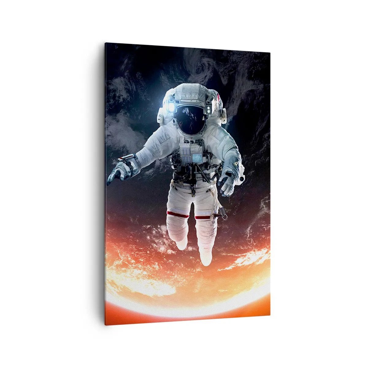 Obraz na płótnie - Astronauta unoszący się nad Ziemią oświetloną słońcem - 80x120cm - Mogę zostać jeszcze chwilę? - Nowoczesna dekoracja ścienna do salonu i sypialni ARTTOR