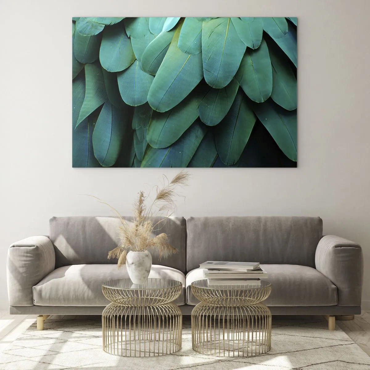 Obraz na szkle - Zbliżenie na zielone pióra papugi w intensywnym odcieniu - 70x50cm - Precyzja papuziej natury - Nowoczesna dekoracja ścienna do salonu i sypialni ARTTOR