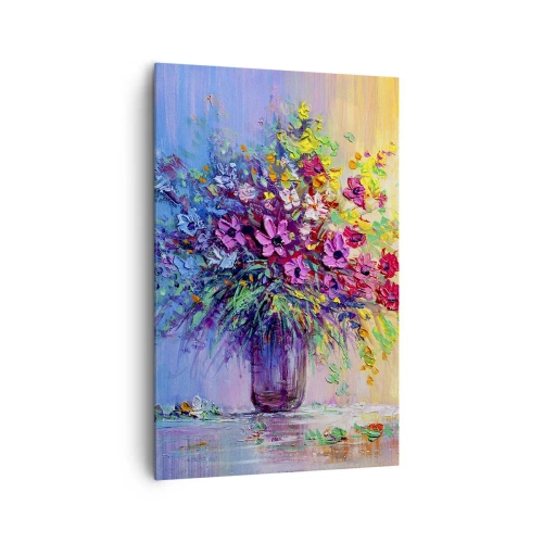 Obraz na płótnie - Kolorowy bukiet kwiatów w wazonie na tle gradientu - 80x120cm - Dar letnirj łąki - Nowoczesna dekoracja ścienna do salonu i sypialni ARTTOR