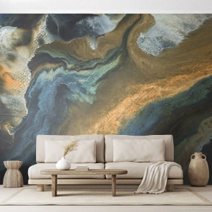 Fototapeta Premium Sand - Abstrakcyjna kompozycja kolorów w stylu płynnej akwareli - 100x70cm - Niebieski – zółty – wzajemne wpływy - Nowoczesna dekoracja ścienna do salonu, kuchni i sypialni ARTTOR