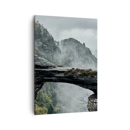 Obraz na płótnie - Mistyczny krajobraz górski z naturalnym skalnym mostem - 50x70cm - Zaraz się zacznie przygoda - Nowoczesna dekoracja ścienna do salonu, kuchni i sypialni ARTTOR