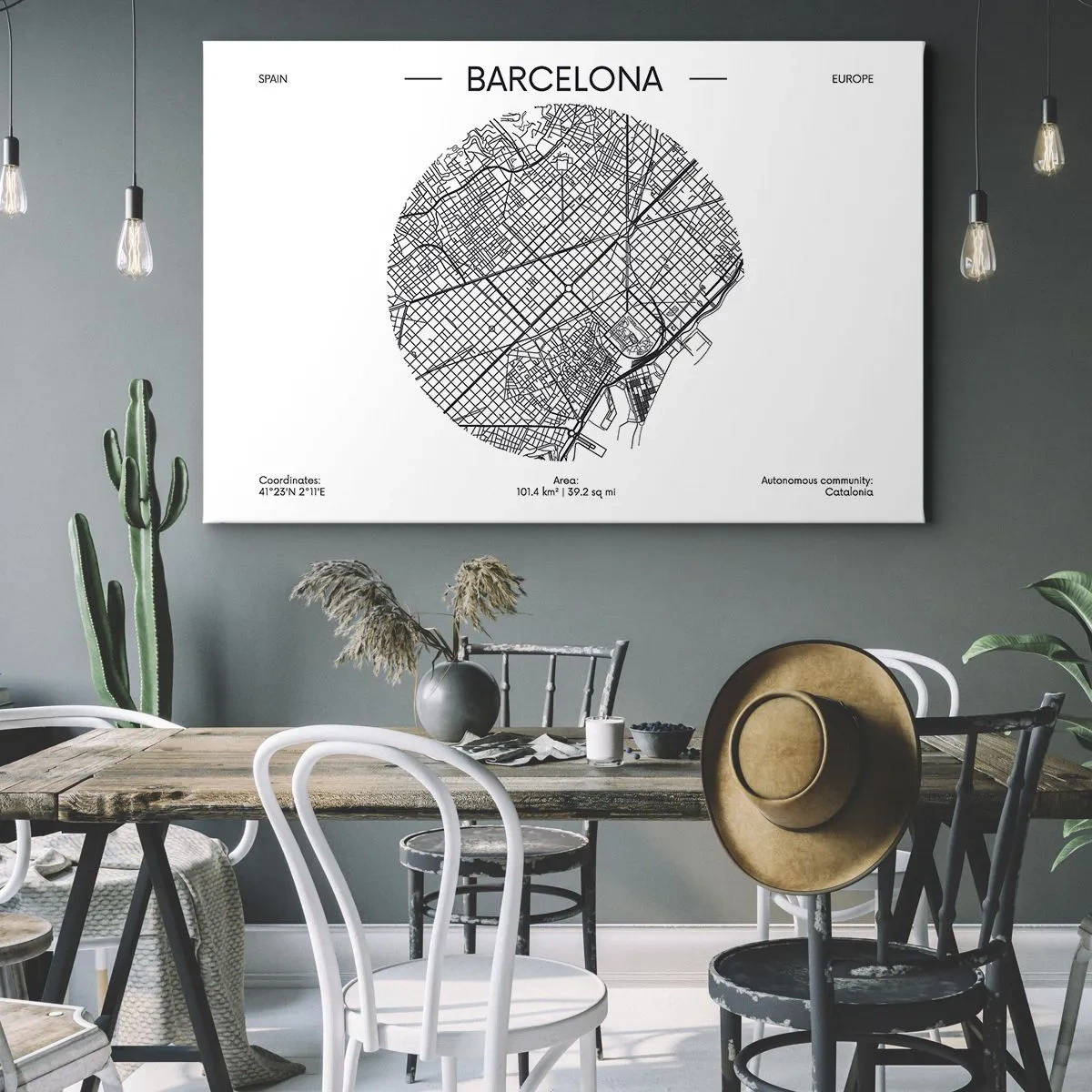 Obraz na płótnie - Mapa Barcelony w minimalistycznym, czarno-białym stylu - 100x70cm - Anatomia Barcelony - Nowoczesna dekoracja ścienna do salonu, kuchni i sypialni ARTTOR