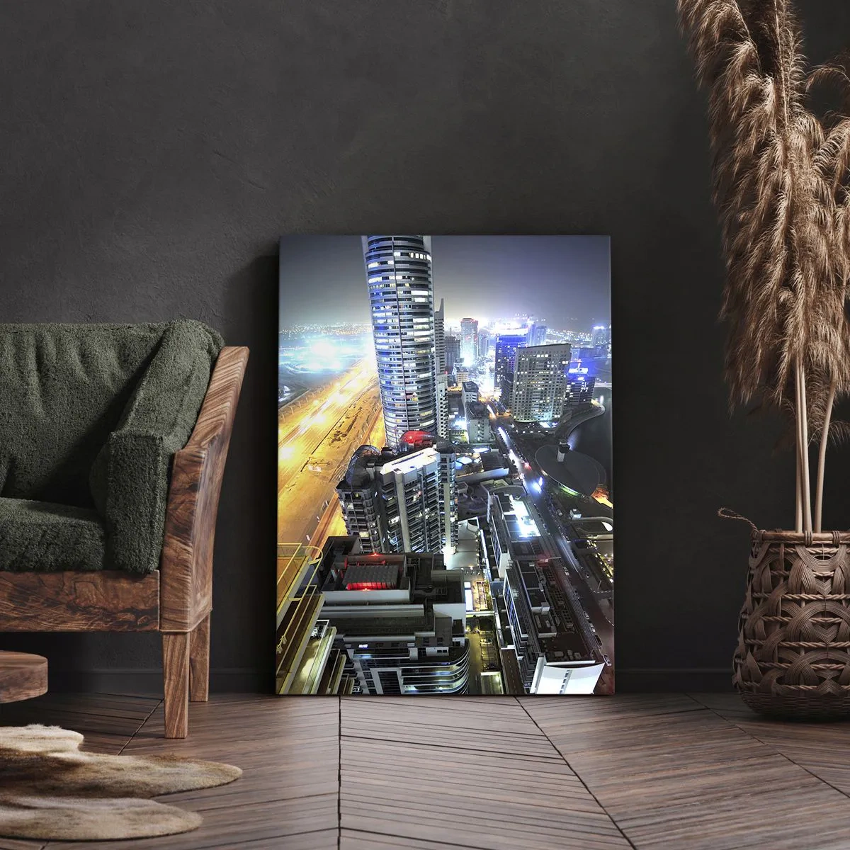 Obraz na płótnie - Panorama nocnego miasta z oświetlonymi drapaczami chmur - 80x120cm - Cud na pustyni - Nowoczesna dekoracja ścienna do salonu i sypialni ARTTOR