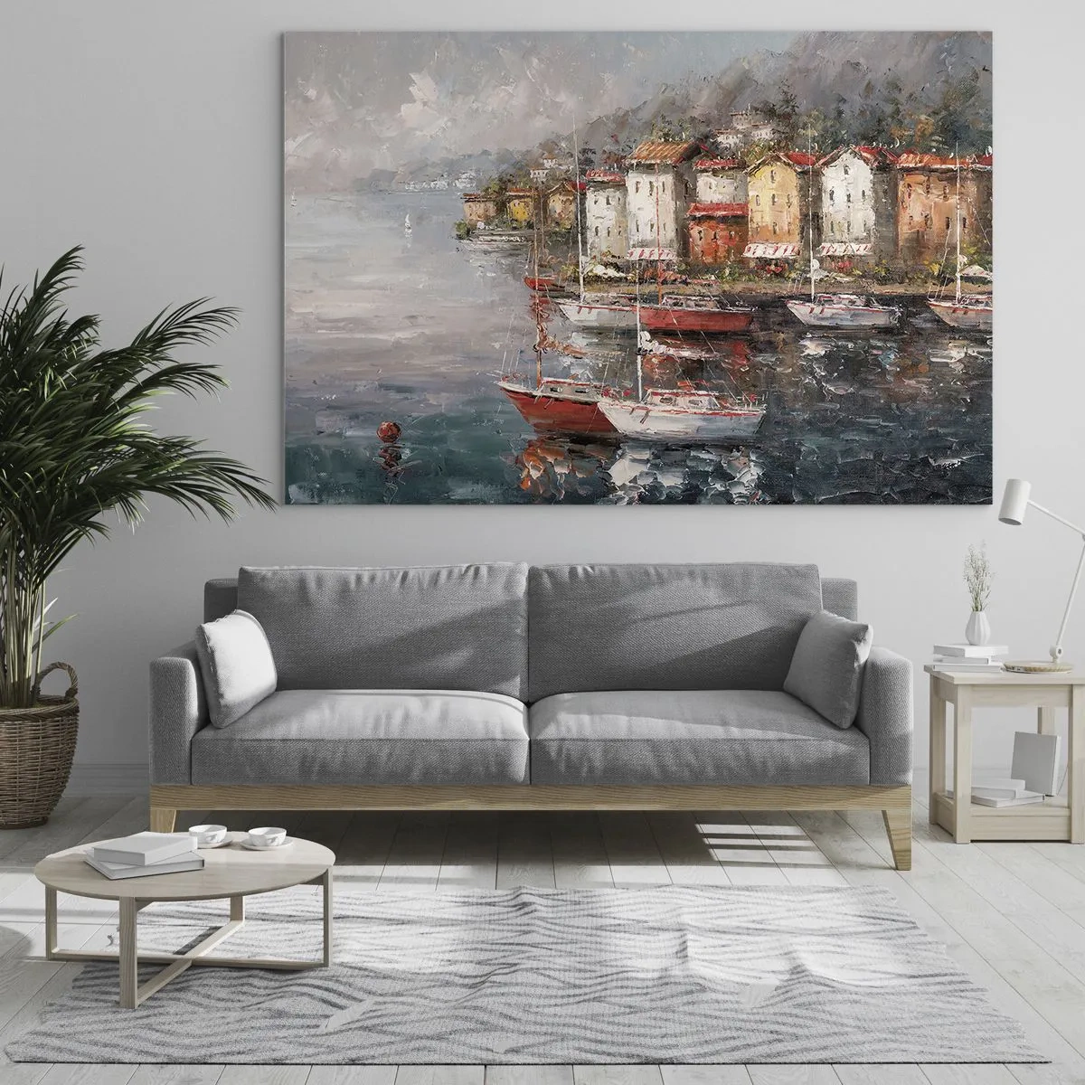 Obraz na szkle - Malowniczy port z żaglówkami i kolorowymi domkami - 70x50cm - Romantyczna przystań - Nowoczesna dekoracja ścienna do salonu i sypialni ARTTOR