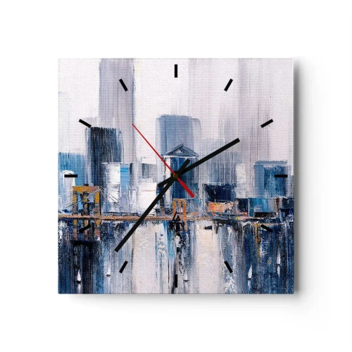 Zegar ścienny - Abstrakcyjna panorama miasta z odcieniami błękitu i żółci - 30x30cm - Nowojorska impresja - Nowoczesna dekoracja ścienna do salonu i sypialni ARTTOR