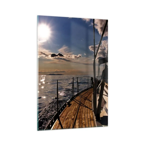 Obraz na szkle - Rejs jachtem po morzu o zachodzie słońca - 80x120cm - Pod żaglami w stronę słońca - Nowoczesna dekoracja ścienna do salonu i sypialni ARTTOR