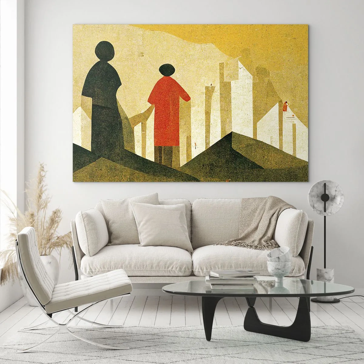 Obraz na szkle - Geometryczne sylwetki postaci wśród wysokich form na tle żółtego nieba - 70x50cm - Jeszcze daleka droga - Nowoczesna dekoracja ścienna do salonu i sypialni ARTTOR