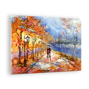 Obraz na szkle - Jesienny spacer wzdłuż alei z kolorowymi liśćmi i latarniami - 70x50cm - Razem do granicy czasu - Nowoczesna dekoracja ścienna do salonu i sypialni ARTTOR