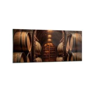 Obraz na szkle - Winiarnia z drewnianymi beczkami i półkami z winami - 120x50cm - Klimatyczna piwnica - Nowoczesna dekoracja ścienna do salonu i sypialni ARTTOR