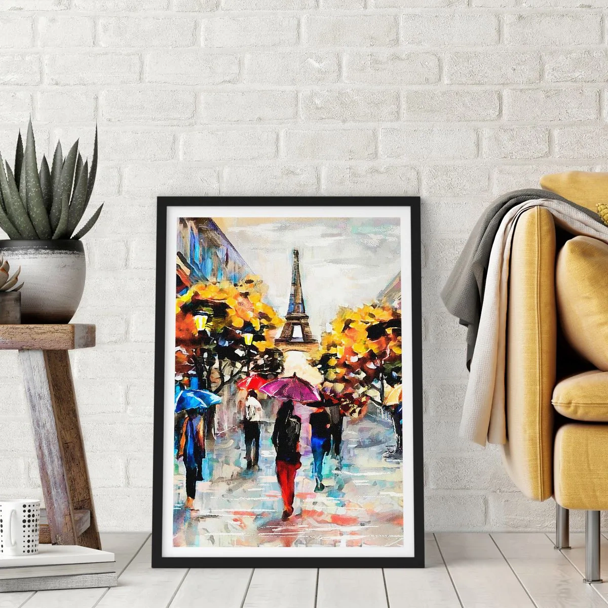 Plakat w czarnej ramie - Wieża Eiffla w jesiennym pejzażu z kolorowymi parasolami - 50x70cm - Jesienią szczególnie piękny - Nowoczesna dekoracja ścienna do salonu i sypialni ARTTOR
