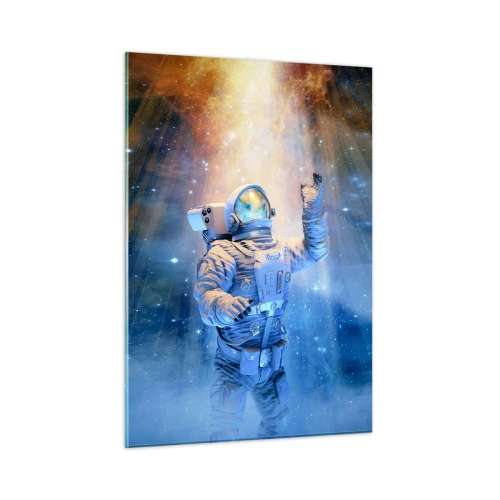 Obraz na szkle - Astronauta w kosmosie oświetlony promieniami światła - 50x70cm - Wreszcie u celu - Nowoczesna dekoracja ścienna do salonu, kuchni i sypialni ARTTOR