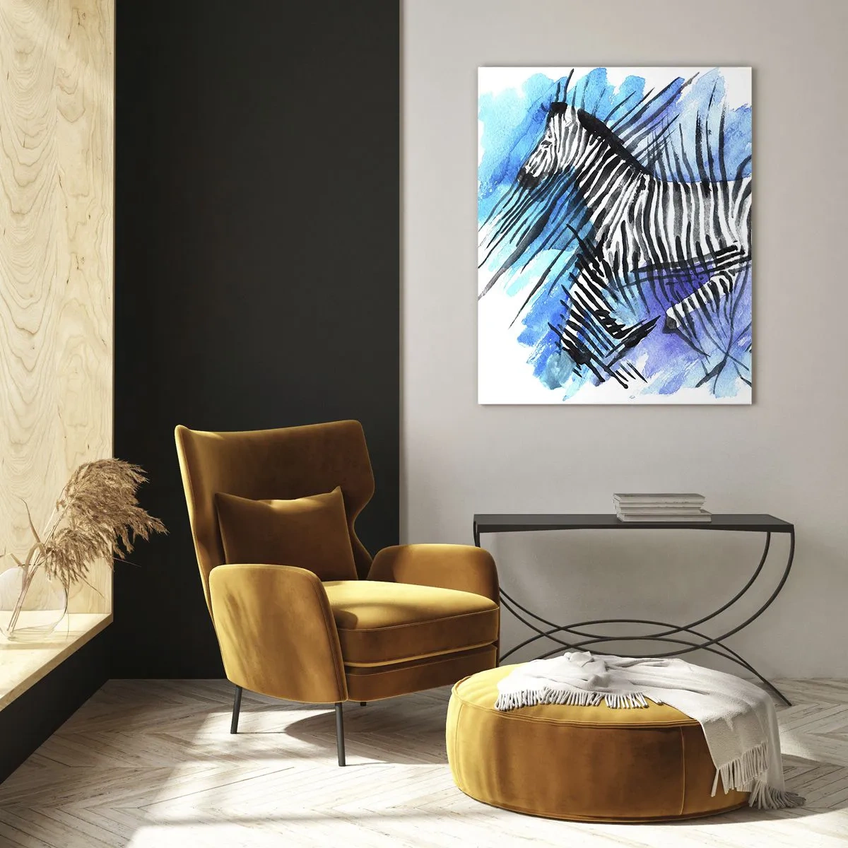 Obraz na szkle - Zebra w artystycznej akwarelowej kompozycji na tle błękitu - 50x70cm - Ukryta w paskach - Nowoczesna dekoracja ścienna do salonu, kuchni i sypialni ARTTOR